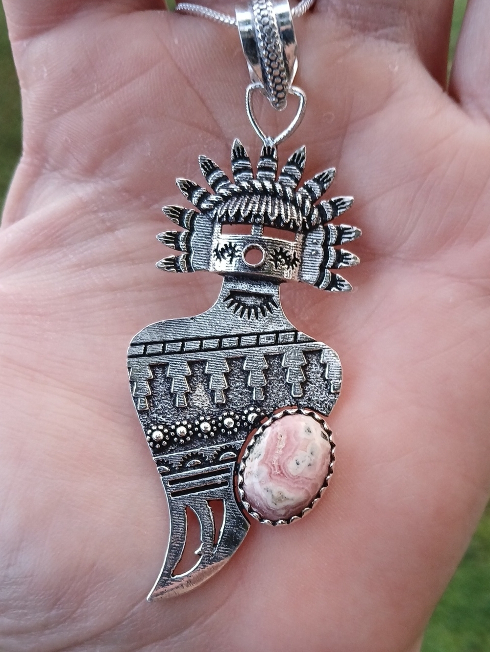 New Southwest Holy People Warrior Rhodochrosite 925 Silver Necklace.